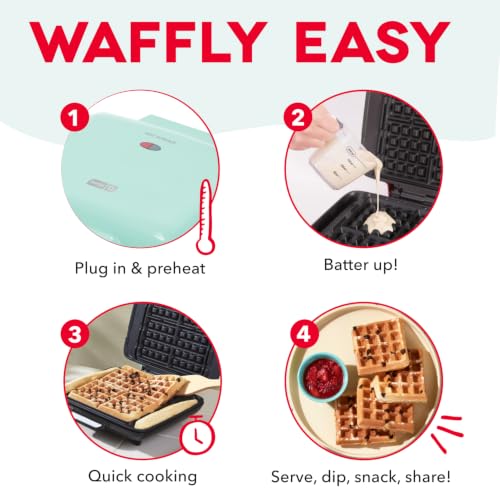 DASH No-Drip Waffle Maker: Waffle Iron 1200W + Waffle Maker Machine For Waffles, Hash Browns, or Any Breakfast, Lunch, & Snacks with Easy Clean, Non-Stick + Mess Free Sides - Aqua