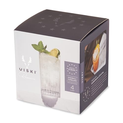 Viski Reserve Milo Crystal Highball Glasses - European Crafted Collins Glasses Set of 4-14oz Cocktail Glass for Wedding or Anniversary and Special Occasions Gift Ideas