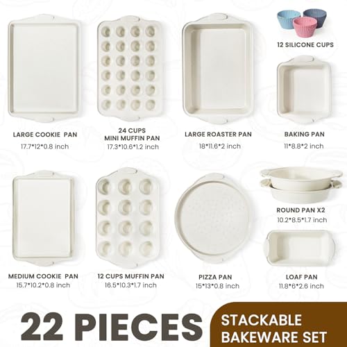 Kikcoin 22 PCS Nonstick Baking Pans Set, Stackable Bakeware Sets with Silicone Handles, 450°F Oven Safe Baking Sheet Set, Easy Release Cookie Sheets for Baking, Cream