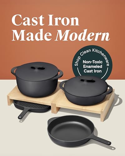 Caraway 8-Piece Enameled Cast Iron Set - 10.5” Skillet, Grill Pan, 3.5 qt Braiser Pan, 6.5 qt Dutch Oven with Lid and Organizers - Non-Toxic 3-Layer Enamel Coating - No Seasoning Required - Charcoal