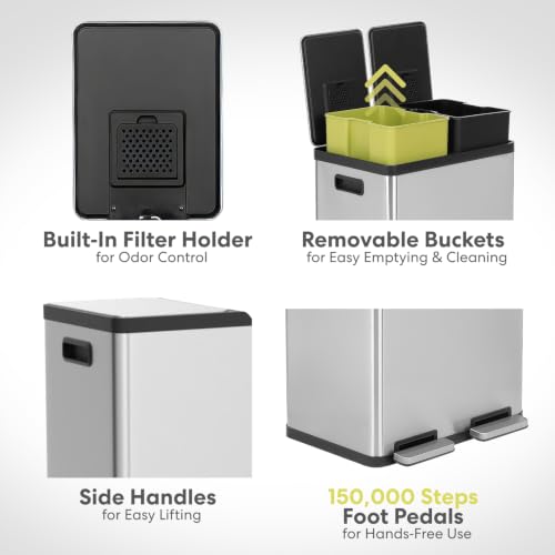 SIMPLI-MAGIC 60 Liter / 16 Gallon Rectangular Hands-Free Dual Compartment Recycling Kitchen Step Trash Can with Soft-Close Lid, Brushed Stainless Steel
