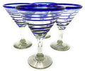 Mexican Hand Blown Glass – Set of 4 Hand Blown Modern Margarita Glasses - Blue Spiral (12 oz)