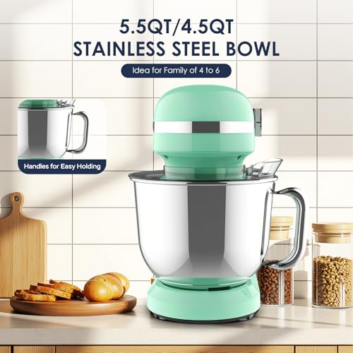 Plum chef 5.5QT Electric Stand Mixer, 12-Speed Tilt-Head Food Mixer, Dough Mixer with Dishwasher Safe Stainless Steel Bowls, Dough Hook, Flat Beater, Whisk, Perfect for 4-6 Family,Green