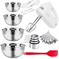 WEPSEN 5-Speed Electric Hand Mixer, 4 Large Mixing Bowls Set, Handheld Mixers with Whisks Beater, Stainless Steel Metal Nesting Bowl Measuring Cups Spoons Kitchen Cake Blender for Baking Supplies