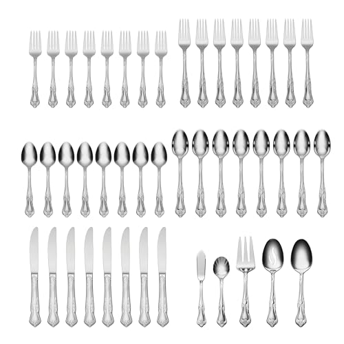 Oneida Silverware Set For 8, Azalea 45-Piece Everyday Flatware Set with Serving Utensils, Floral, Service For 8, 18/0 Stainless Steel, Dishwasher Safe, Knives Spoons And Forks Sets (Silver, 45 Pieces)