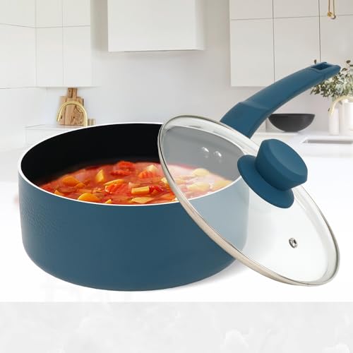 Prime Cuisine 2 Quart Sauce Pan with Lid, Blue Diamond NonStick Small Pot with Tempered Glass Lid, Soft-Touch Handles, Induction Base