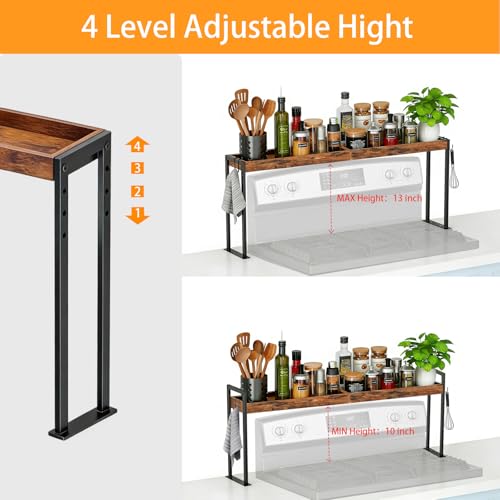 EffiJoy Spice Rack Shelf for 30-inch Kitchen Stove, Over the Stove Shelf with 4 Level Adjustable Height, Over Stove Spice Rack with 4 Hooks, Rustic Brown + Black