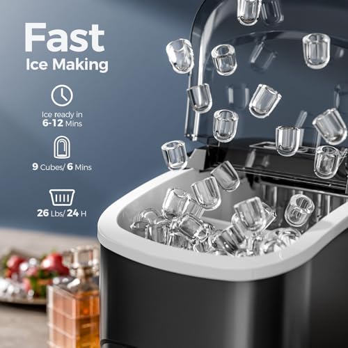 Electactic Ice Makers Countertop,26Lbs/24H,9 Cubes in 6 Mins,Portable Ice Maker Machine with Self-Cleaning,2 Sizes of Bullet Ice,Perfect for Home Kitchen(Black)