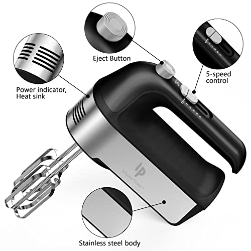 Hand Mixer Electric, 450W Kitchen Mixers with Scale Cup Storage Case, Turbo Boost/Self-Control Speed + 5 Speed + Eject Button + 5 Stainless Steel Accessories, For Easy Whipping Dough, Cream, Black