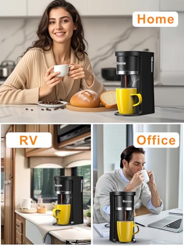 Karosie Small Single Serve Coffee Maker, Fast Brew for Pods & Ground Coffee, 6-12 Oz Brew Sizes, One-Button Single Cup Coffee Maker, Coffee Machine with Descaling Reminder,Black