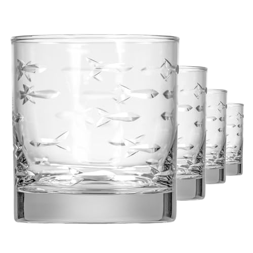 Rolf Glass School of Fish On the Rocks Glass |10oz Whiskey Glasses | Made in America | Deeply Engraved Fish Design | Diamond Engraved and Polished | Set of 4
