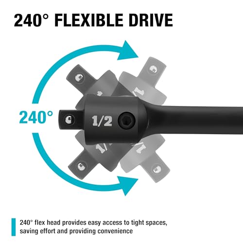 DURATECH Breaker Bar, 1/2'' Drive 24-Inch Breaker Bars Heavy Duty, with 240° Flex Head, Spring-loaded Detent Ball, CR-MO Head, Premium Black Phosphate Finish