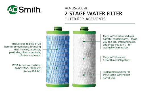 AO Smith Claryum 2-Stage Filter Replacement - NSF Certified - Reduces PFAS, Lead & Chlorine in Drinking Water - Replace Every 6 Months - AO-US-200-R