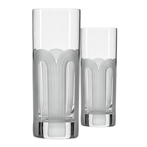 Rolf Glass Mid-Century Modern Highball Collins Glass | Made in America | Mojito Highball Glass | Geometric Arch Design | Diamond Engraved 12oz Tumbler | Set of 2