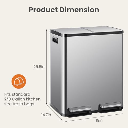 DUMOS Kitchen Trash Can, 2x8-Gallon Dual Trash Can with Lid, Stainless Steel Garbage Bin with 2 Removable Inner Buckets, Soft-Close Foot Pedal, Fingerprint-Resistant for Kitchen, Home, Office