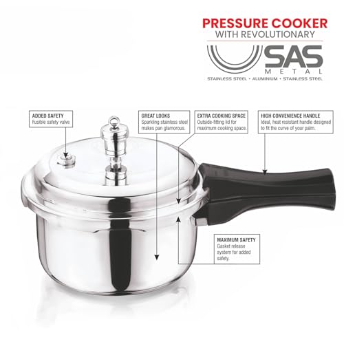 Vinod Platinum Triply Stainless Steel Outer Lid Pressure Cooker -68 oz , Induction Friendly, ISI Certified, Small Pressure Cooker for Quick Meals, Silver
