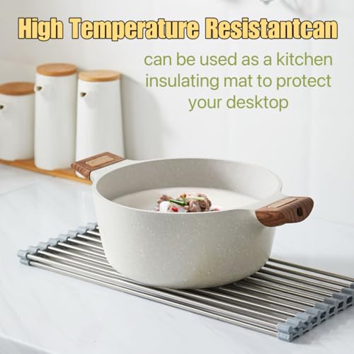 Sayehuanye Roll Up Dish Drying Rack 17.7" x 11.8" Over The Sink Dish Drying Rack, Kitchen Dish Rack Stainless Steel Dish Drying Rack for Kitchen Sink Counter Storage (Grey)