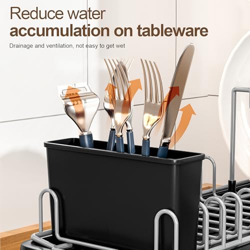 liucocotos Compact Dish Drying Rack for Countertop, Small-Sized for Dorms, RVs & Tiny Kitchens, Auto-Drain, Adjustable Slots, Rust-Resistant with Utensil Caddy & Sponge Holder (Black)