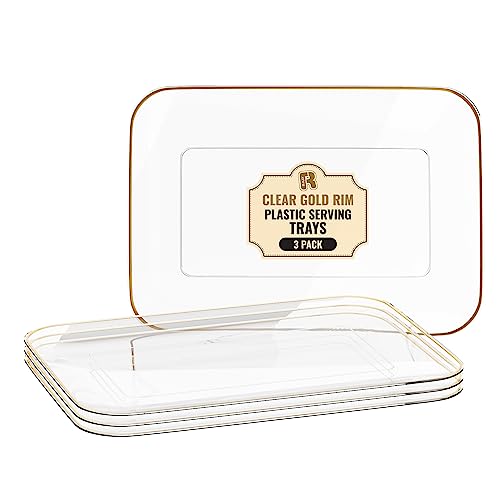 3 Pack Plastic Serving Trays for Party - Gold Serving Tray 8 x 11 Inch - Heavy Duty Dessert Trays for Food - Rectangular Party Serving Trays for Entertaining - Clear Cookie Platters