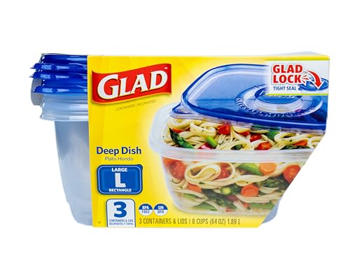 Glad GladWare Deep Dish Food Storage Containers with Lids, Large Rectangle BPA Free Plastic for Soups Salads and Meal Prep, Lock Tight Seal, Microwave Dishwasher Safe, 64 Oz, 3 Count