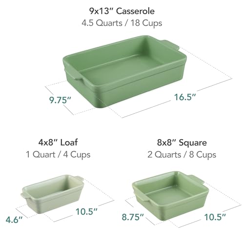 Best Choice Products 3-Piece Ceramic Bakeware Set, Stoneware Baking Dishes, Porcelain Casserole Bakeware Dishes, Serving Dishes - 9x12 Casserole, Loaf Pan, 8x8 Baking Dish - Sage Green