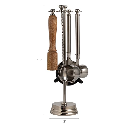 Creative Co-Op 5-Piece Stainless Steel and Mango Wood Bar Tools with Stand, Nickel Finish and Natural