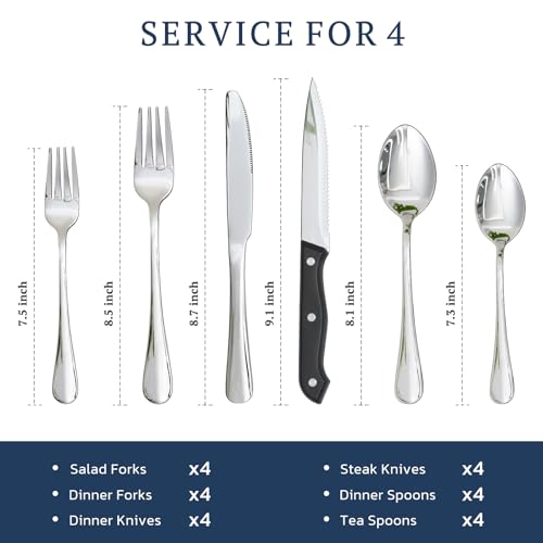 Astercook Silverware Set with Steak Knives 24-Piece Flatware Set for 4 Food-Grade Stainless Steel Cutlery Set Mirror Polished Utensils Set Include Spoons and Forks for Home Kitchen Restaurant