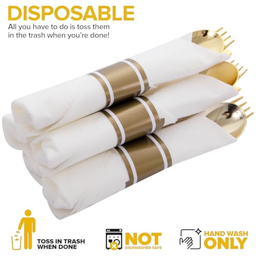 Joyido 400PCS Pre Rolled Gold Plastic Silverware Sets - Heavy Duty Gold Cutlery - Include 100 Pack Wrapped Disposable Utensils with Napkins for Parties, Dinners & Weddings