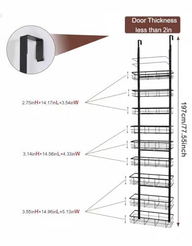 Pantry Door Organizer, 9-Tier Over The Door Pantry Organizer for Kitchen Pantry Storage, Adjustable Metal Hanging Spice Rack with 9 Baskets for Pantry Kitchen Bathroom Laundry Room Closet, Black