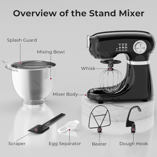 HAVATO Stand Mixer,12 Speed Tilt-Head Electric Mixer With 5.3 Quart Stainless Steel Mixing Bowl,Kitchen Mixer With Egg Whisk, Dough Hook, Beater & Baking Spatula, BLACK