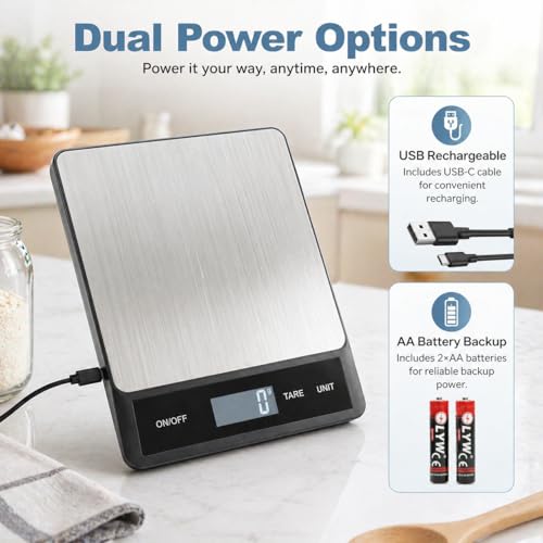 33LB/15KG Digital Kitchen & Food Scale – Waterproof Stainless Steel, USB Rechargeable, 1g Precision, Tare Function for Cooking, Baking, Meal Prep