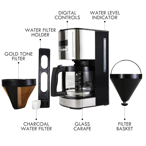 Kenmore Drip Coffee Maker - 12 Cup Programmable Cafe Machine With Glass Pot, Regular & Bold Brew, Auto Shut Off Large Water Reservoir, Reusable Filter, Kitchen Appliances For Cafeteria Barista, Black