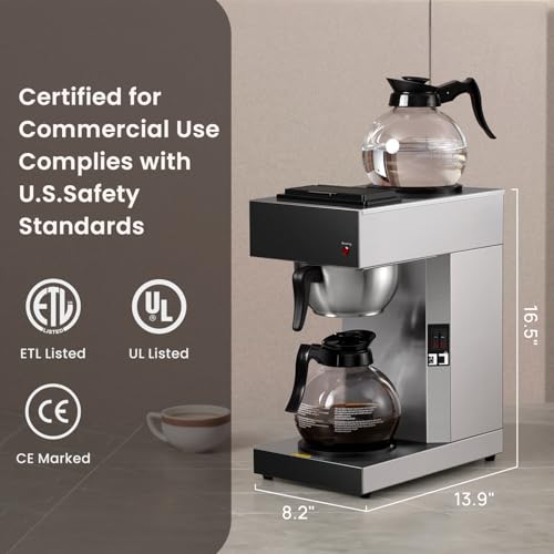 SYBO 12-Cup Commercial Drip Coffee Maker, Pour Over Coffee Maker Brewer with 2 Glass Carafes and Warmers, Stainless Steel Cafetera SF-CB-2GA