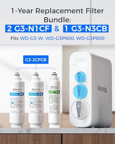Waterdrop G3-2CFCB Filter, Replacement for Waterdrop G3-W & G3P600 & G3P800 Reverse Osmosis System, Pack of 2 G3-N1CF Filters and 1 G3-N3CB Filter, 1-Year Combo