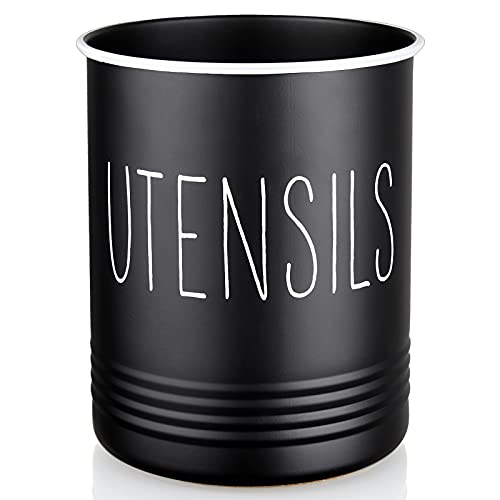 Bivvclaz Kitchen Utensil Holder, 6.7" Utensil Holder for Kitchen Counter, Cooking Utensil Crock with Cork Bottom, Modern Farmhouse Decor, Countertop Utensil Storage Organizer Caddy, Black