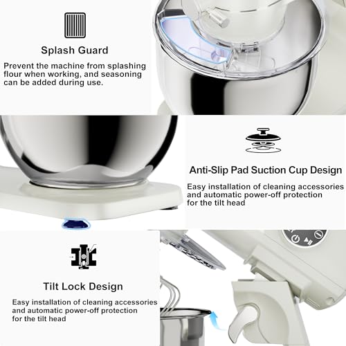 8.45 QT All Metal Stand Mixer,10 Speed Large Capacity Kitchen Mixer with Digital Timer & Tilt-Head, Electric Mixer with Whisk Dough Hook Mixing Beater for Baking,Cakes,Cookie,Bread,Salad (White)