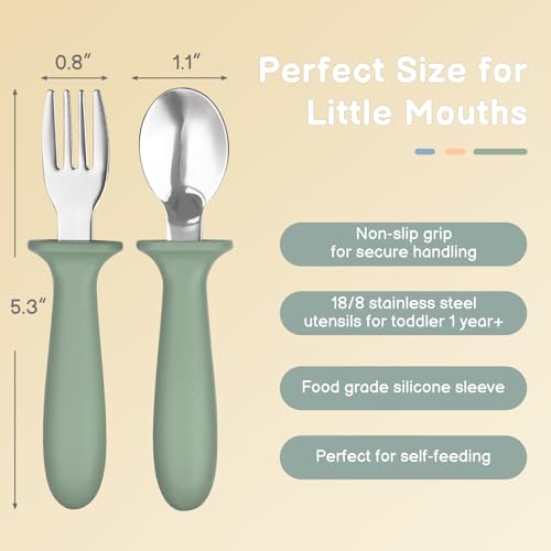 Eascrozn Toddler Utensils, 6 Pack kids Silverware Set with Silicone Handle, 18/8 Stainless Steel Children Safe Forks and Spoons, Dishwasher Safe