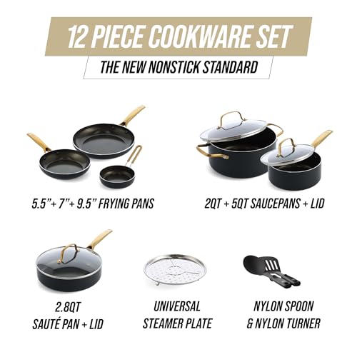 Blue Diamond Gold 12 Piece Cookware Set, PFAS-Free Ceramic Nonstick Pots & Pans, Induction Ready for All Cooktops, Kitchen Serving Utensils, Dishwasher Safe, Black