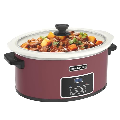 HOMECOOKIN 8-Quart Programmable Slow Cooker with Timer Keep Warm - Small Kitchen Appliance for Family Dinners - Serves 6+ People (Red Shell + White Ceramic Liner)