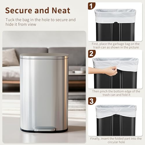 PayLessHere Trash Can with Lid, 13 Gallon (50L) Stainless Steel Kitchen & Office Recycling Bin with Foot Pedal Soft Close & Inner Bucket