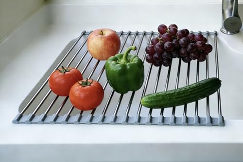 D DrNeeko Roll Up Dish Drying Rack, Stainless Steel and Silicone Dish Drying Mat Over The Sink Foldable Drain Rack Multipurpose Dish Drainer for Kitchen, 14.5” x 14”, Gray