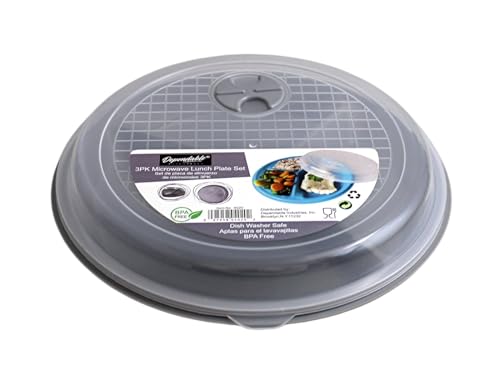 3-Pack Divided Microwave Plates with Vented Lids – BPA-Free Reusable Plates for Portion Control, Meal Prep & Leftovers – Stackable, Freezer & Dishwasher Safe (8.75” x 8.75”) (Gray)