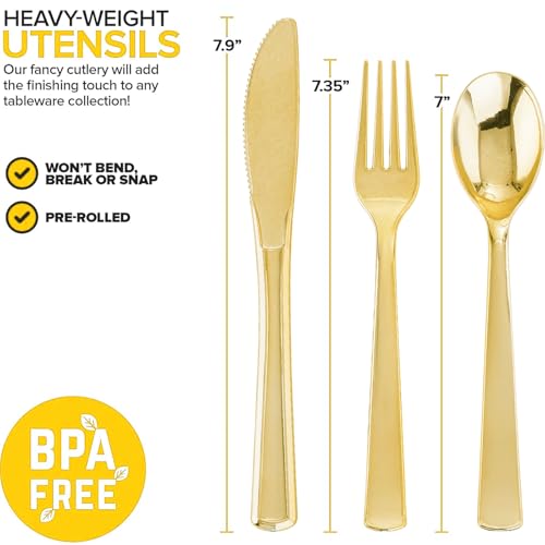Joyido 400PCS Pre Rolled Gold Plastic Silverware Sets - Heavy Duty Gold Cutlery - Include 100 Pack Wrapped Disposable Utensils with Napkins for Parties, Dinners & Weddings