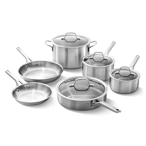Calphalon Brushed 3-Ply Stainless Steel Cookware Set w/Turbo Heat Tech 10 Piece Includes Frying Pans, Pots and Pans