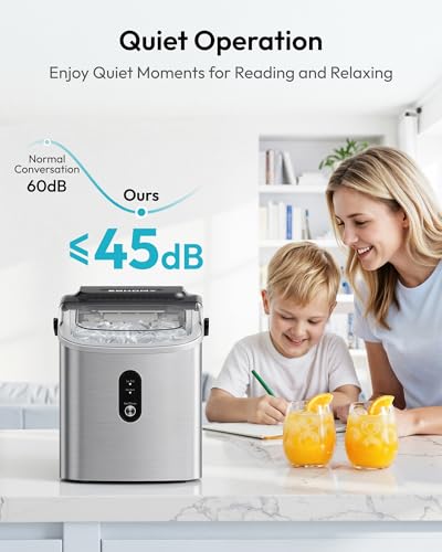 EUHOMY Ice Maker Countertop, Portable Ice Machine with Carry Handle, 26.5lbs Per Day, 9 Cubes in 6 Mins, Auto-Cleaning, with Basket and Scoop, for Home, Kitchen, Camping, RV (Silver)