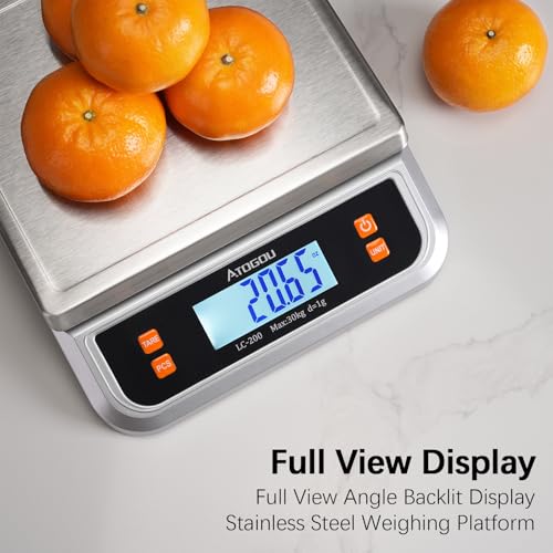 Atogou 88lb Food Scale, Commercial Kitchen Scale Plug-in Usable with Full View LCD Display, Stainless Steel, for Baking, Bread, Cooking, Meat, Vegetables, Farm, Industry LC200 Silver