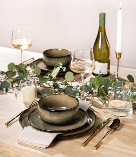 TheTerra Ceramic Dinnerware Sets for 4, 12 Pieces Handmade Reactive Glaze Plates and Bowls Set, Scratch Resistant Dish Set, Oven & Microwave & Dishwasher Safe
