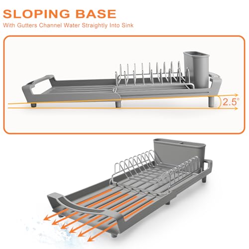 Dish Drying Rack Compact Expandable - A Space-Saving, Stainless Steel, Rust-Resistant Dish Drainer for Kitchen and Apartment Countertops/Sink Cabinets, Extendable from 11.42 to 19.9 inches (Gray)