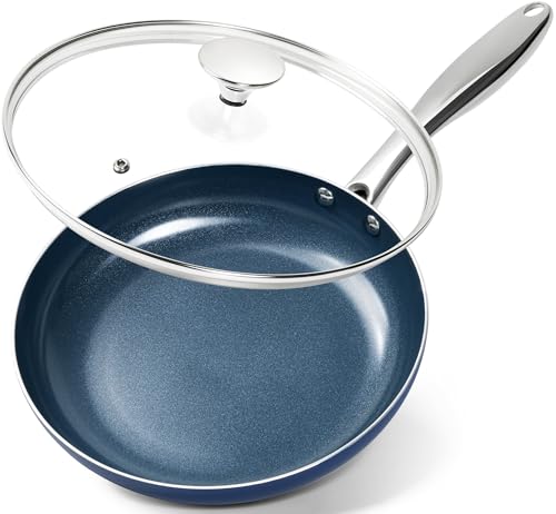 MICHELANGELO 10 Inch Frying Pan with Lid, Blue Frying Pan with Nonstick Diamond Infused Coating, Nonstick Frying