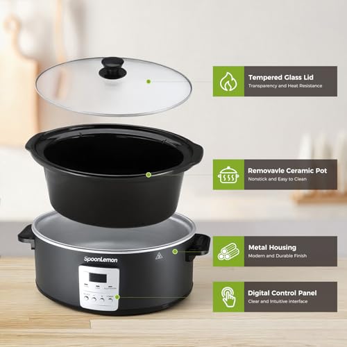 SpoonLemon 7 Quart Digital Slow Cooker with Programmable Timer, Auto Keep Warm, High Low Warm Settings, Removable Dishwasher-Safe Nonstick Pot for Easy Cleanup, with 20 Count Slow Cooker Liners
